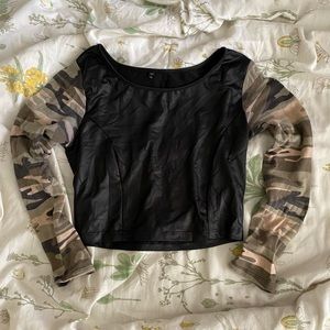 Black leather crop top with camo long sleeves
